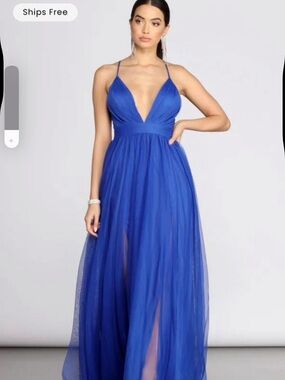 Windsor Cobalt Blue Plunging V-Neck Tulle Maxi Dress